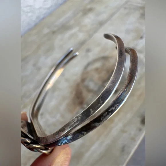 Vintage Turquoise Bangle Silver W/rope Design Bracelet Adjustable. Navajo Native - Picture 9 of 9